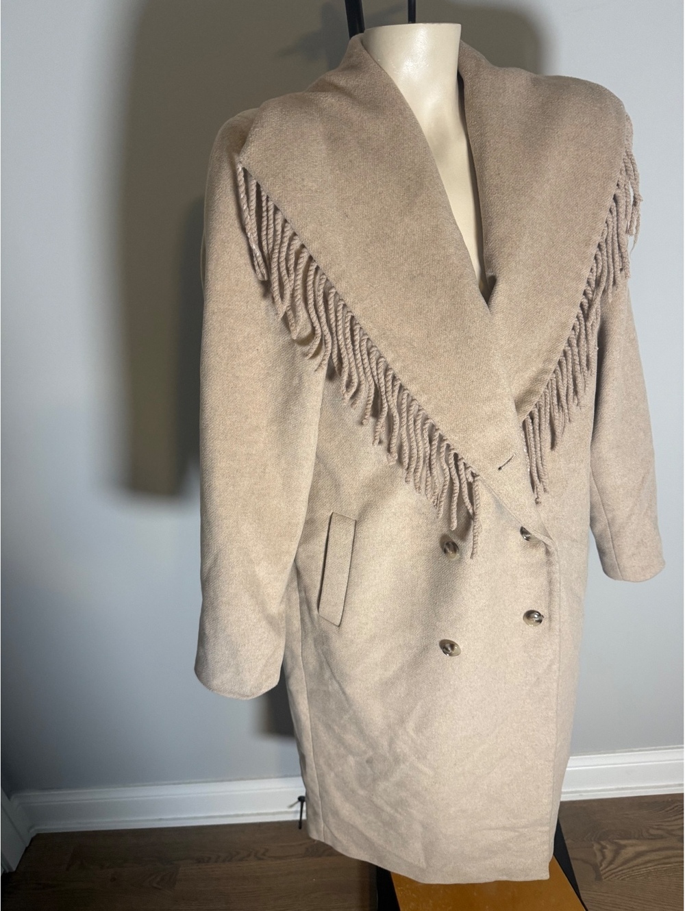 WAYF Beige Long Wool Blend Coat with Fringe Detail Size L